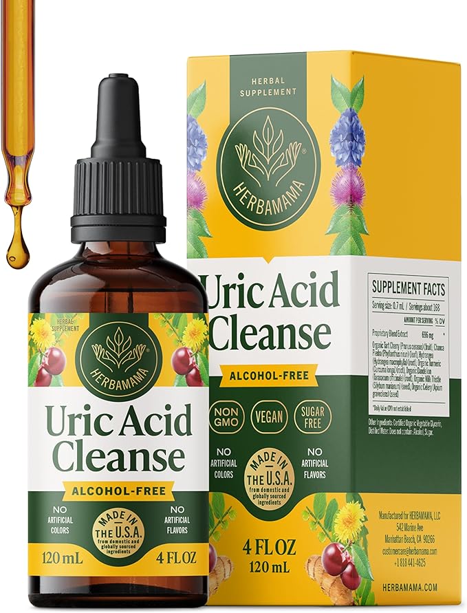 HERBAMAMA Uric Acid Cleanse Liquid Drops - Vegan Uric Acid Flush with Tart Cherry, Chanca Piedra & Dandelion Root Tincture - Non-GMO, Alcohol & Sugar-Free Supplement, 56-Day Supply