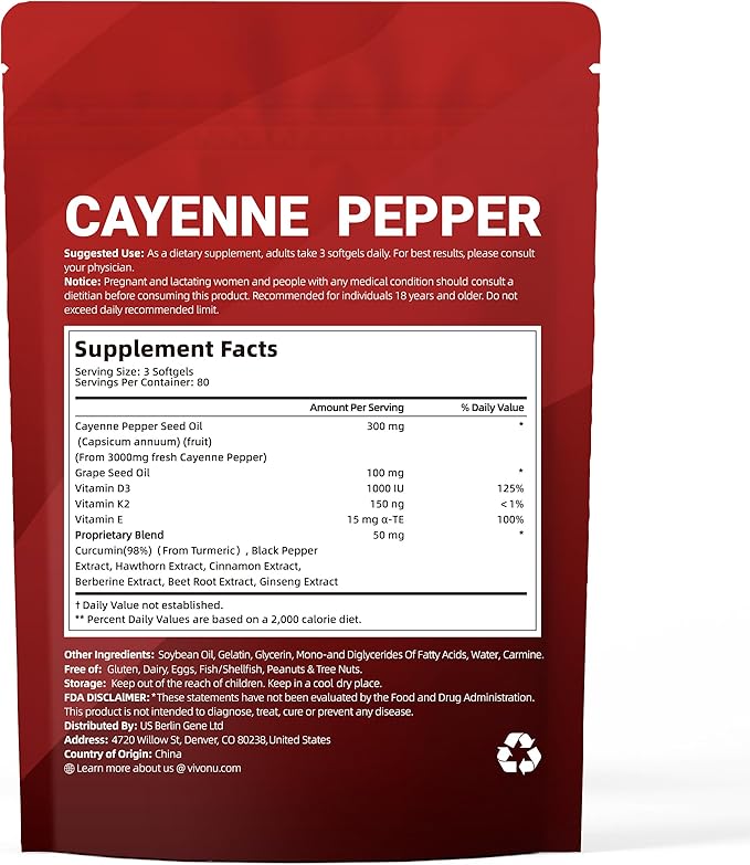 Cayenne Pepper Softgels Supplement, Supports Leg Vein, Heart and Blood Vessel Health, with Vitamin E D3+K2 and Extracts of Grape Seed, Hawthorn, Beetroot, Berberine and Others (Softgels / 2 Bag)