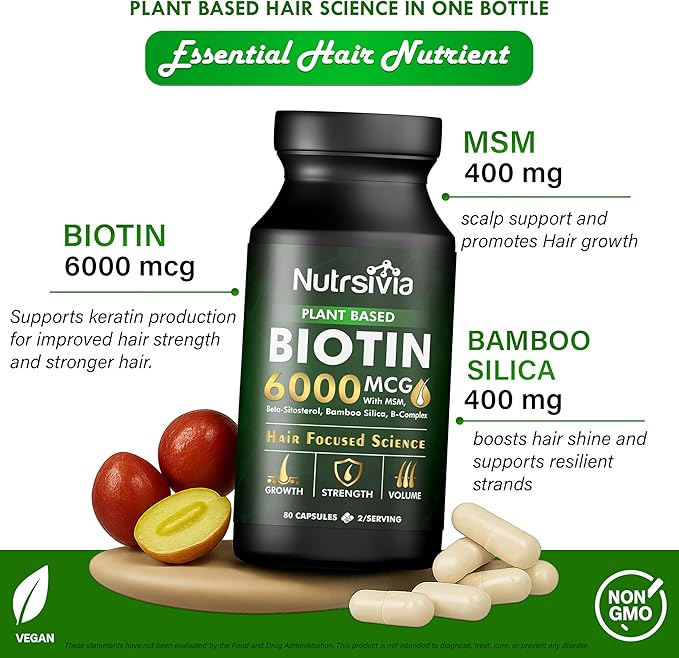 Biotin 6000mcg Hair Growth Supplement with MSM& Bamboo Silica - Hair, Skin & Nail Support for Women & Men, 80 Capsules.