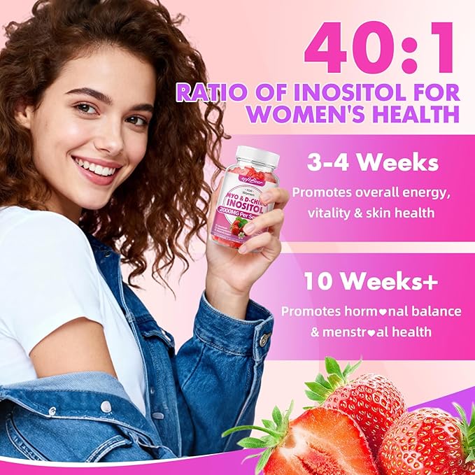 softbear Inositol Supplement for Women, Myo-Inositol & D-Chiro Inositol Gummies Ideal 40:1 Ratio for Female Health & Wellness, Sugar-Free/Veagn/GMO-Free, Strawberry Flavor, 60 Count