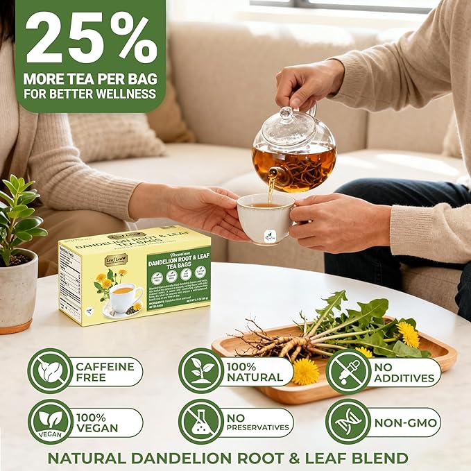 LeafLea Dandelion Root and Leaf Tea Bags, 40 Count, Roasted Dandelion Root Tea Blend, Natural Herbal Tea for Digestion & Wellness, Te de Diente de Leon, Individually Wrapped, Caffeine-Free, No Sugar