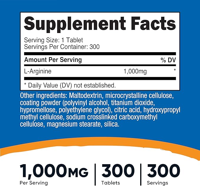 Nutricost L-Arginine 1000mg, Amino Acid Tablets (300 Tablets)