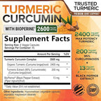 Turmeric Curcumin Supplement - 2400mg Organic Turmeric Per Serving - 95% Curcuminoids & BioPerine Black Pepper Extract for Best Absorption - Natural Vegan Joint Support, Bottled in USA - 180 Capsules