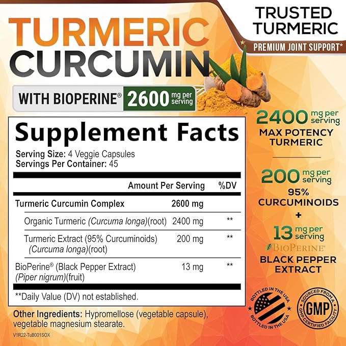 Turmeric Curcumin Supplement - 2400mg Organic Turmeric Per Serving - 95% Curcuminoids & BioPerine Black Pepper Extract for Best Absorption - Natural Vegan Joint Support, Bottled in USA - 180 Capsules