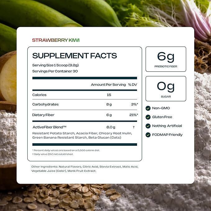 Prebiotic Fiber Supplement for Women & Men – 6g Prebiotic Fiber Powder – Daily Blend for Gut Health, Bloating, Regular Digestion & Energy – Soluble & Insoluble, Sugar Free, Strawberry Kiwi, 30 Serving