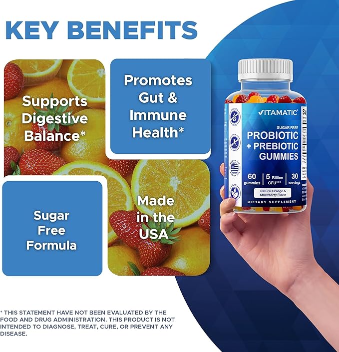 Vitamatic Probiotic Sugar Free Gummies for Men and Women – 5 Billion CFUs Digestive, Immune & Gut Health Support – Gluten Free