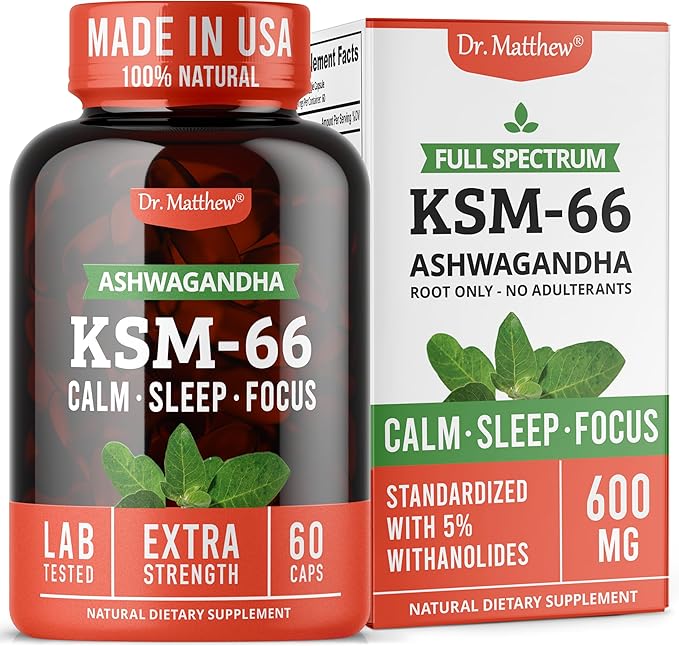 Ashwagandha KSM 66 Organic – KSM-66 ashwagandha 600mg Root Extract Full Spectrum Capsules | Standardized 5% Withanolides | Natural Stress Relief, Cortisol & Sleep Aid Supplement | Muscle Growth & Mood