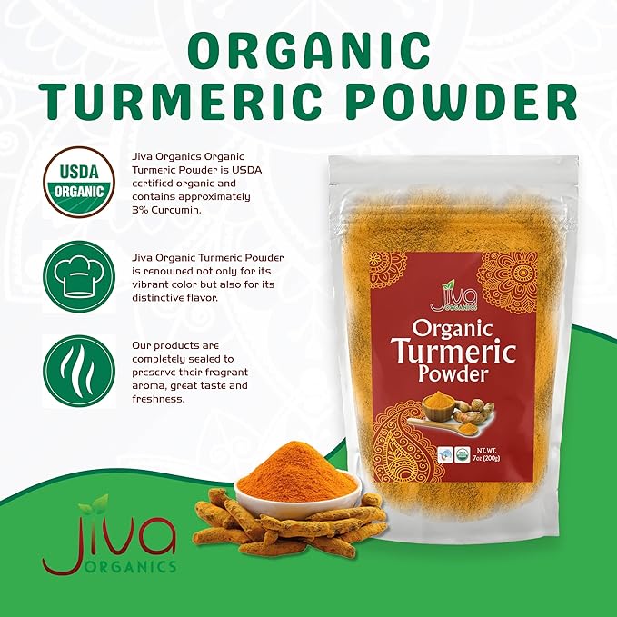 Jiva Organic Turmeric Powder 7 oz - Packaged in Resealable Bag, 100% Raw with Tumeric Powdered Organic, Turmeric Curcumin Powder, Origins from India