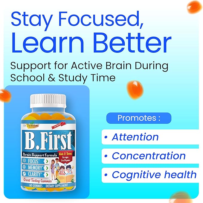 B.First Focus Gummies for Kids & Teens | Kids Focus and Attention Supplements with Omega 3 DHA – Memory Vitamins for Concentration, Mental Clarity & Cognitive Support-60ct