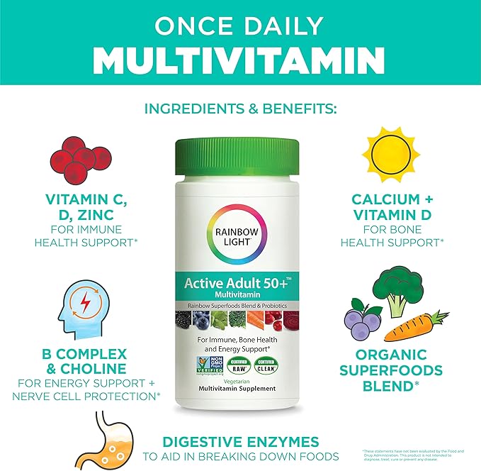 Rainbow Light Active Adult 50+ High-Potency Multivitamin, with Superfoods, 60ct, Pack May Vary