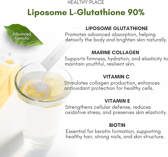 Double Toning White Liposome Glutathione Korean Beauty Supplement – Liposomal L-Glutathione, Vitamin C 500 mg, Vitamin E, Biotin & Fish Collagen 500 mg, Lime-Lemon Flavor – 30 Packets