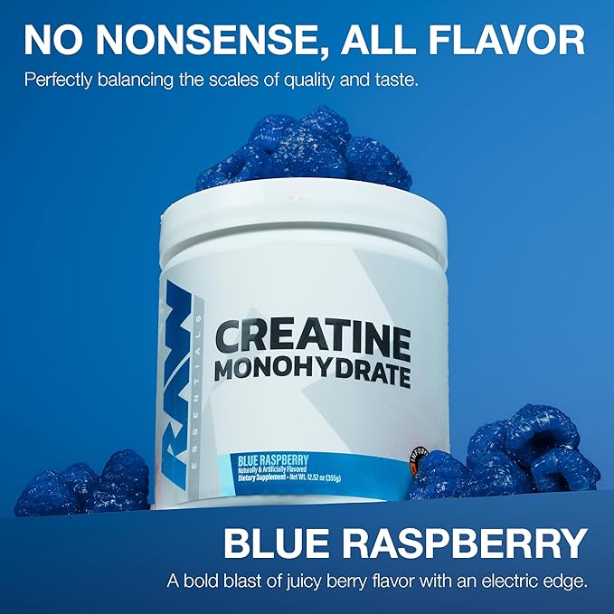 RAW Nutrition Creatine Monohydrate Powder, Blue Raspberry (30 Servings) - Micronized Creatine Monohydrate Supplement for Workout Performance, Build Muscle & Strength - Creatine Powder for Men & Women