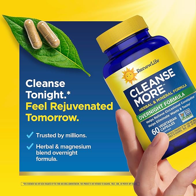 Renew Life Cleanse More Herbal Formula with Magnesium for Overnight Occasional Constipation Relief; Helps Promote Waste and Toxin Elimination; Gluten, Dairy and Soy Free; 60 Vegetarian Capsules*