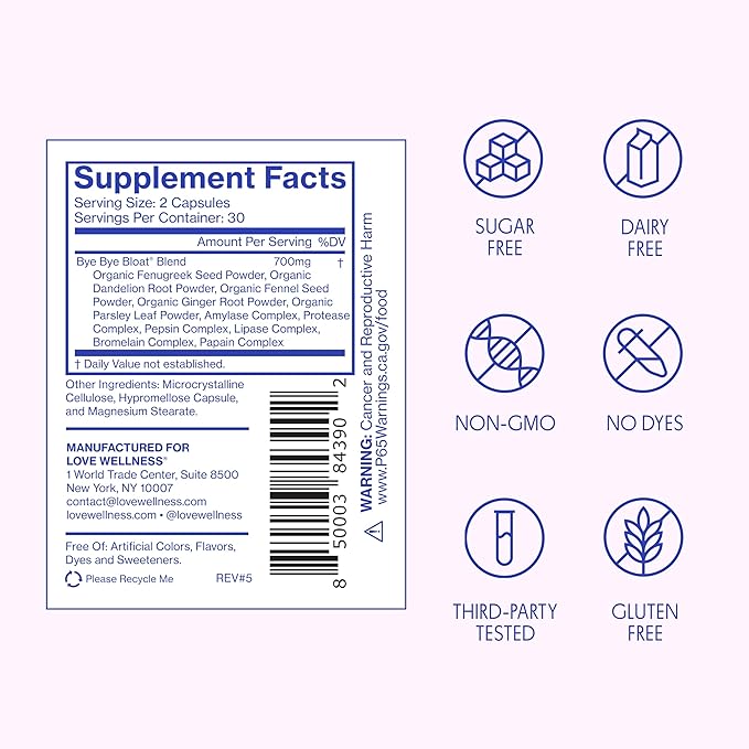Love Wellness Bye Bye Bloat | Digestive Enzymes for Fast Acting Bloating Relief for Women | Helps Reduce Water Retention & Gas Relief | Supports Digestive Health with Fenugreek & Dandelion | 60 Count
