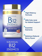 Carlyle Vitamin B12 Sublingual 2500 mcg | 250 Fast Dissolve Tablets | Cyanocobalamin Supplement with Folic Acid for Adults | Natural Berry Flavor | Vegetarian, Non-GMO, and Gluten Free