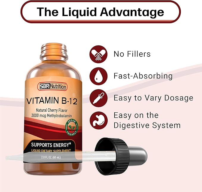 SBR Nutrition Vitamin B12 Sublingual Liquid Drops - Methylcobalamin, VIT B 12 Supports Energy, Max Absorption, 3000mcg Per Serving, 60 Servings, Non-GMO, Vegan Friendly, Manufactured in The USA