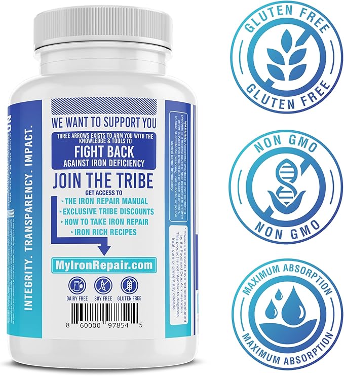 Iron Repair Simply Natural Iron Supplement, Best Absorption & Gentle on Stomach, Monash Low FODMAP, Raise Hemoglobin & Ferritin Iron Pills for Women, Men, Teens, & Pregnancy 90 Bovine Gelatin Capsules