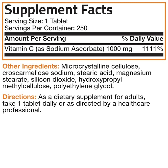 Bronson Sodium Ascorbate Non Acidic Vitamin C 1000 Mg Tablets - Gentle On The Stomach - Immune System Booster - Powerful Antioxidant - Non GMO Vitamin C Supplement, 250 Count