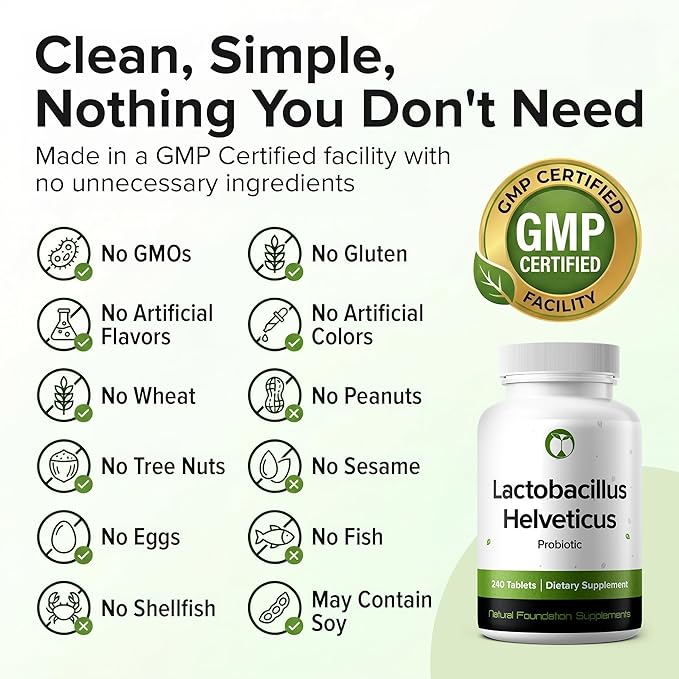 Lactobacillus Helveticus Probiotic 240 Tablets (4 Month Supply) – Researched Strain LH76 – 3 Billion CFU – Digestive Health & Mood Support – GMP Certified (240, Lactobacillus Helveticus)
