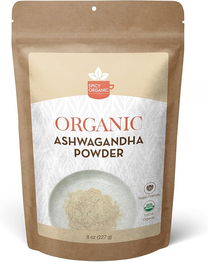 SPICY ORGANIC Organic Ashwagandha Root Powder – 8 oz. - Non-GMO, 100% Raw from India – Indian Ginseng (Withania Somnifera) – Natural Stress Support, Energy & Immune Health