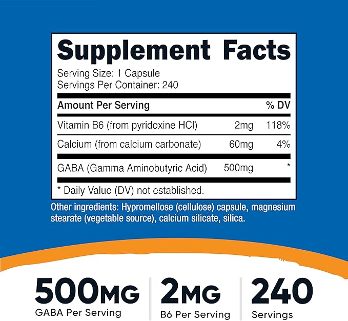 Nutricost GABA (Gamma Aminobutyric Acid) + Vitamin B6, 500mg per Serving, 240 Capsules