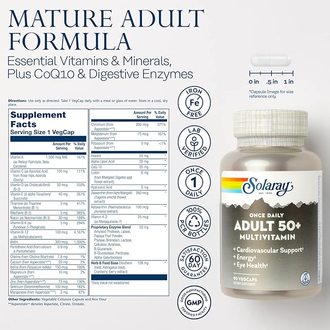 Solaray Once Daily Adult 50+ Complete Multivitamin for Women & Men, Essential Vitamins & Chelated Minerals for Healthy Energy, Heart, Brain & Immune Support, With CoQ10 & Lutein, Iron Free, 90 VegCaps