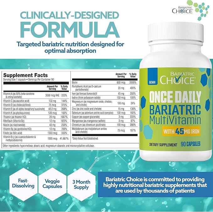 Bariatric Choice Once-Daily Bariatric Multivitamin with 45 mg of Iron | Easy to Swallow Capsule | Vitamin for Bariatric Surgery Patients | 90 Count (3-Month Supply)