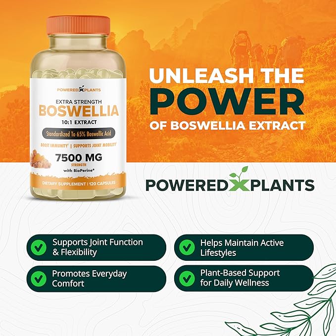 Boswellia Serrata Extract Joint Support Supplement by Powered by Plants – 65% High Potency Boswellic Acids with BioPerine – Supports Immunity, Mobility & Flexibility – 120 Vegan Capsules
