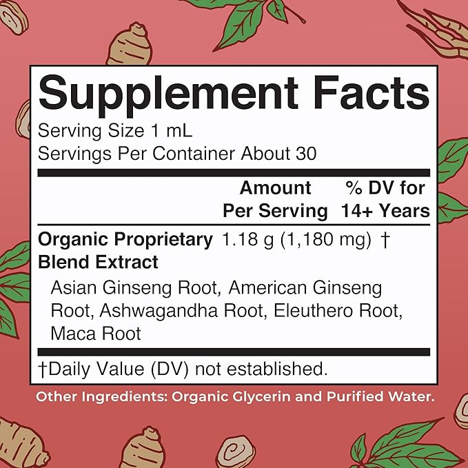 MARYRUTH'S Organics Herbal Supplement for Brain Function | Boost Energy | Memory | Vitality USDA | Ginseng with Ashwagandha | Eleuthero and Maca Root Extract | 1 Fl Oz