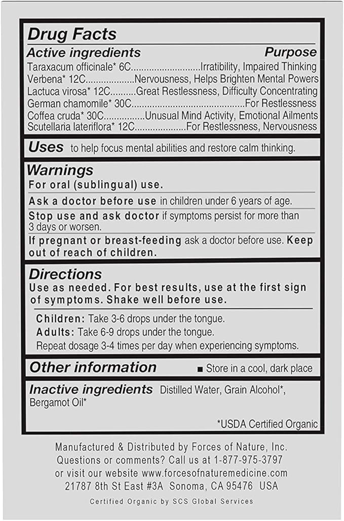 Forces of Nature Organic, Natural Focus More Brain Health Support with Dandelion & Wild Lettuce, Sublingual Tincture Helps Support Memory, Concentration, Non-GMO, 0.34 Fl Oz