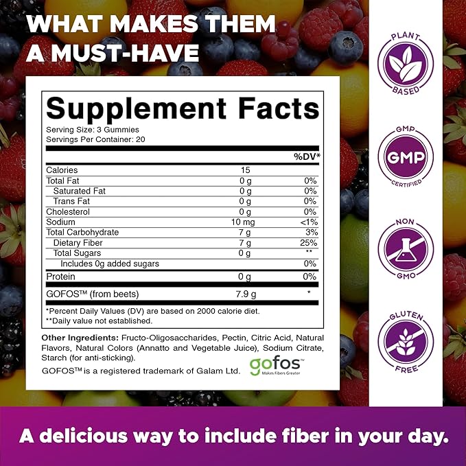 Vitamatic Prebiotic Fiber Gummies for Adults – 4 Pack (Total 120 Gummies) 7g Fiber per Serving | Extra Strength | Zero Sugar Added | Pectin-Based | Digestive Health & Regularity Support
