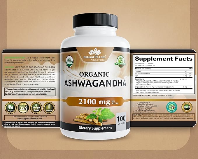 NaturaLife Labs Organic Ashwagandha 2100 mg per Serving – Full Spectrum Root Powder and Standardized Extract (Withanolides) – 100 Capsules – Vegan – Non-GMO, Gluten-Free (2 Pack)
