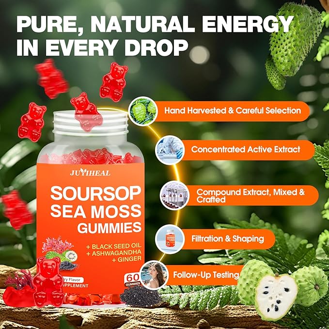 10-in-1 Soursop Graviola with Sea Moss Gummies, Soursop Leaves Extract with Vitamin C, Zinc for Immunity and Antioxidant, Gluten Free, Vegan 60 Gummies 2Pack