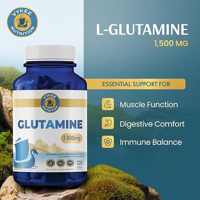 Vykee Nutrition L-Glutamine Capsules - Supplements for Muscle Recovery, Gut Health and Immune Support - Vegan, Non-GMO, Gluten-Free - 1500 mg, 120 Count