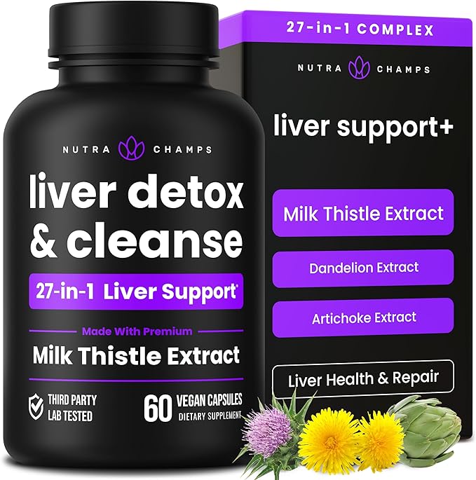 NutraChamps Liver Cleanse Detox & Repair Formula, 20+ Herbs: Milk Thistle Extract with Silymarin, Artichoke, Dandelion, Chicory Root Powder, Liver Support Pills Supplement, 60 Capsules
