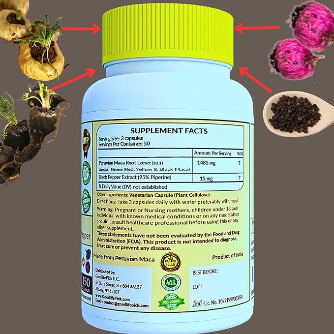 Peruvian Maca Root Capsules with Black Pepper 150 ct. Premium Yellow Red & Black Red Powerful 10:1 All Type Maca Extract All Natural Non-GMO Vegan NO Rice Powder NO Stearate NO Silicon (Pack of 2)