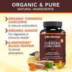 Life's Fortune Organic Turmeric Curcumin with Black Pepper and Ginger, Enhanced Absorption, Extra Strength Supplement, Joint & Immune Support, Non-GMO, 90 Cap - 2250mg