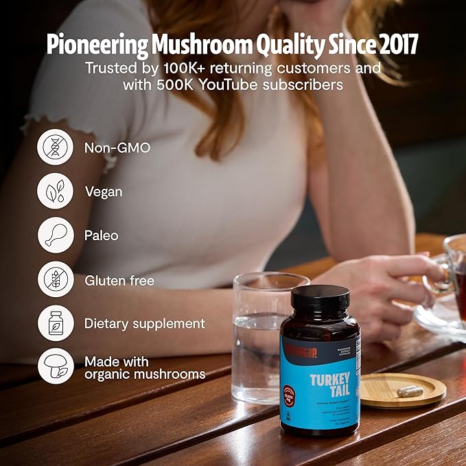 FreshCap Mushrooms Turkey Tail Mushroom Supplement 10,000mg – Organic, Turkey Tail Extract for Immune Support Supplement, Mushroom Supplement Capsules, Ayurveda Immunity Supplement (120 Capsules)