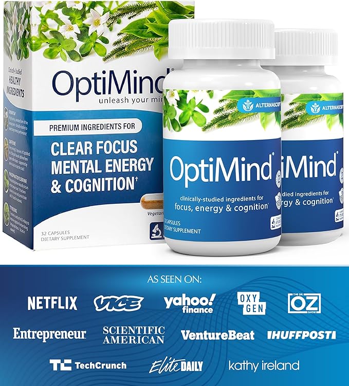 Optimind Brain Supplement for Memory and Focus, Nootropic with Synapsa®, Phosphatidylserine, Vitamin B1 B12, Non-GMO, Mental Clarity, Cognitive Support, Clinically Studied Ingredients, 64 Capsules