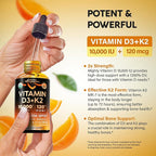 Vitamin D3 K2 USDA Organic Drops - Vitamin D3 10000 IU & K2 as MK-7 120mcg - Immune & Mood Support, Bone & Teeth Health - Sugar-Free Orange Flavor - Liquid Supplement - Made in USA - 4 FL OZ, 120 Days
