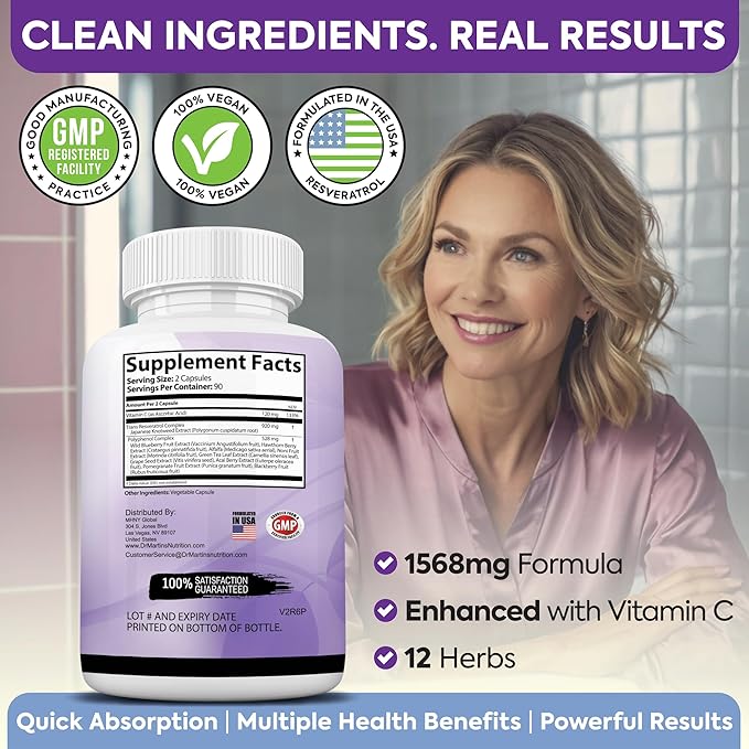 Extra Strength Resveratrol 1568mg - 180 Capsules - 3 Months Supply | Antioxidant Supplement | Natural Trans-Resveratrol Pills | for Anti-Aging, Heart Health, Immune System & Brain Function