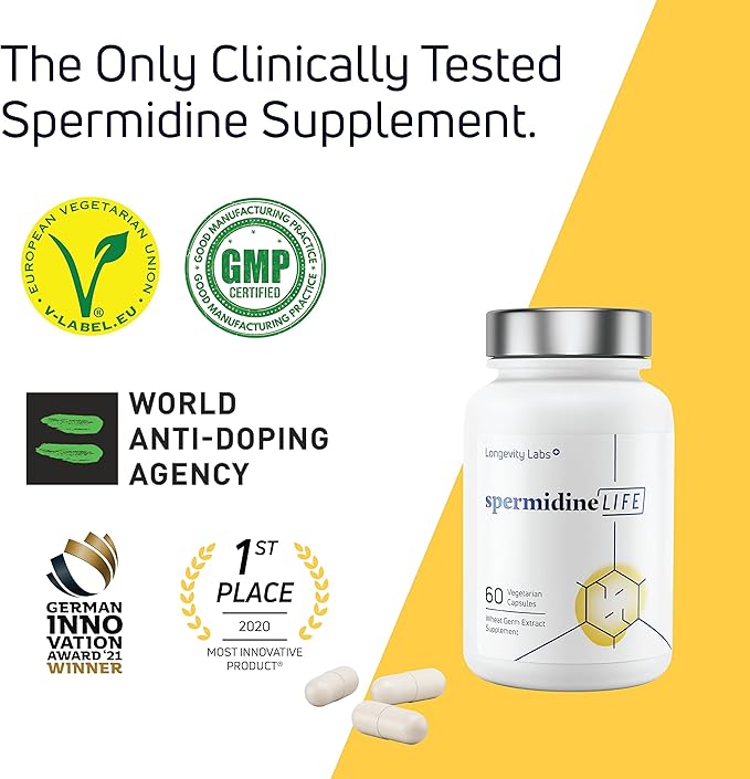 LONGEVITY LABS + spermidineLIFE Natural Supplement, Non-Synthetic Plant-Based Wheat Germ Extract with High Spermidine & Zinc for Cell Renewal, Vegan, for Women & Men, 60 Capsules