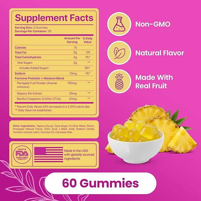 KITTYQUEEN Slippery Kitty Feminine Probiotic and Moisture Gummies, Pineapple Flavor, Women’s Probiotic Gummies for Vaginal Health, pH Balance, Odor Control, Flora Support and Moisture Boost, 60 Count