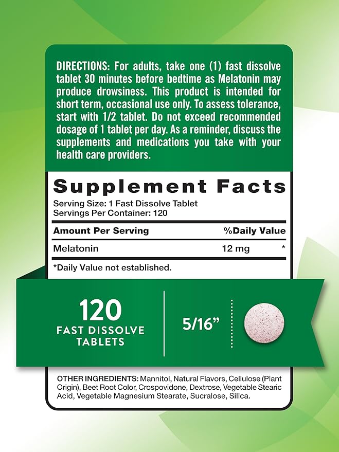 Nature's Truth Melatonin Tablets | 12mg | 120 Count | Natural Berry Flavor | Fast Dissolve | Vegan, Non-GMO & Gluten Free Supplement