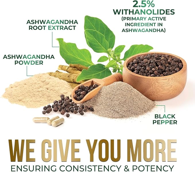 Ashwagandha Supplements - Premium Ashwagandha Capsule for Women & Men, Natural Antioxidant Support Ashwa Root Extract, Extra Strength Calm Support with Black Pepper, Vegan - USA Bottled - 120 Capsules