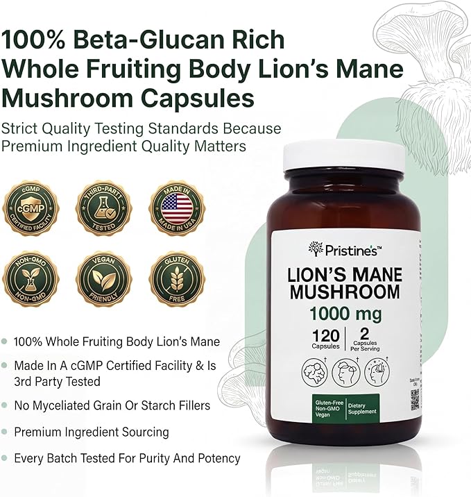 PRISTINE'S Lion's Mane Mushroom Supplement Capsules - Focus & Cognitive Function Adaptogen - 1000mg 60 Day Supply - Immunity, Memory and Focus for Adults - Vegan - Non-GMO Glass Bottle