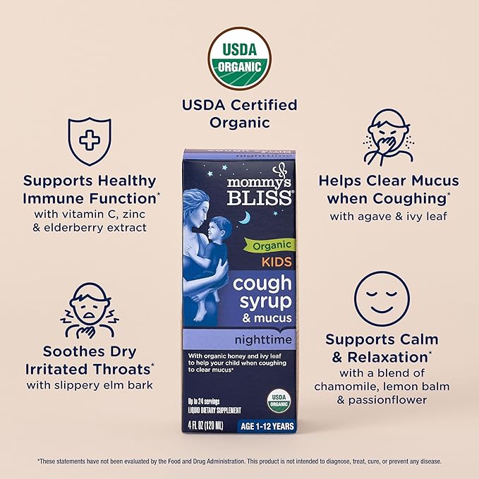 Mommy's Bliss Kids Organic Cough Syrup & Mucus Relief for Night Time, Agave & Honey, Ivy Leaf, Zinc, Vitamin C, Cough Syrup for Kids, +Herbal Nighttime Blend, 4 Fl z