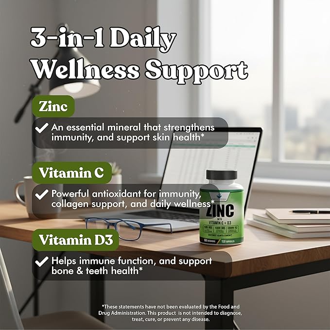 American Standard Supplements Zinc 100mg, Vitamin C 1000mg, and Vitamin D3 5000 IU (125mcg) Per Serving - Gluten Free, Non-GMO, 120 Capsules, 60 Servings