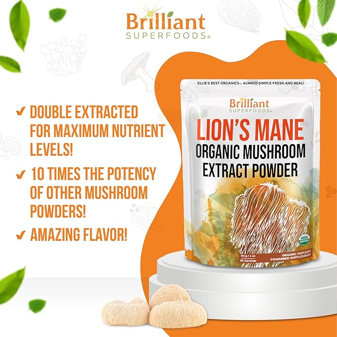Ellie's Best Lions Mane Mushroom Extract Powder Supplement Organic 228 Servings - Double Extracted for Highest Potency - Dissolves in Coffee, Tea, Juice etc. 8oz