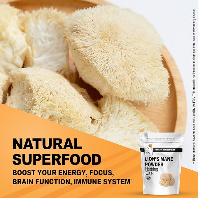 It's Just! - Lion's Mane Mushroom Powder, Natural Raw Superfood, Brain Support, Immune Health, Boost Energy, Non-GMO, 8oz